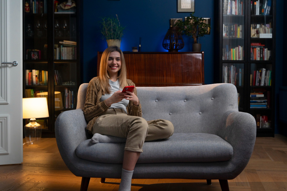 a girl sitting on a couch and using internet on mobile